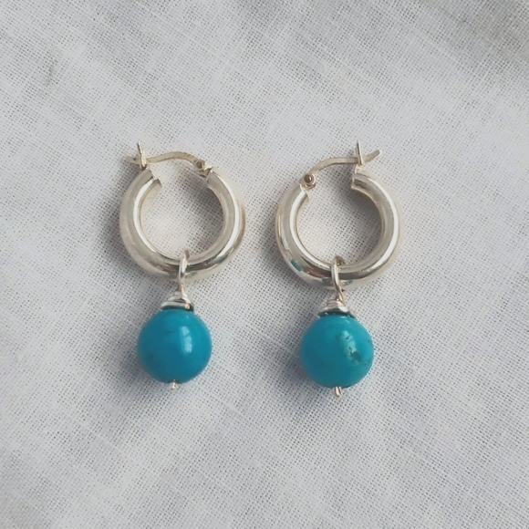 Freshwater pearl,turquoise and Amber silver earrings - Picture 4 of 9